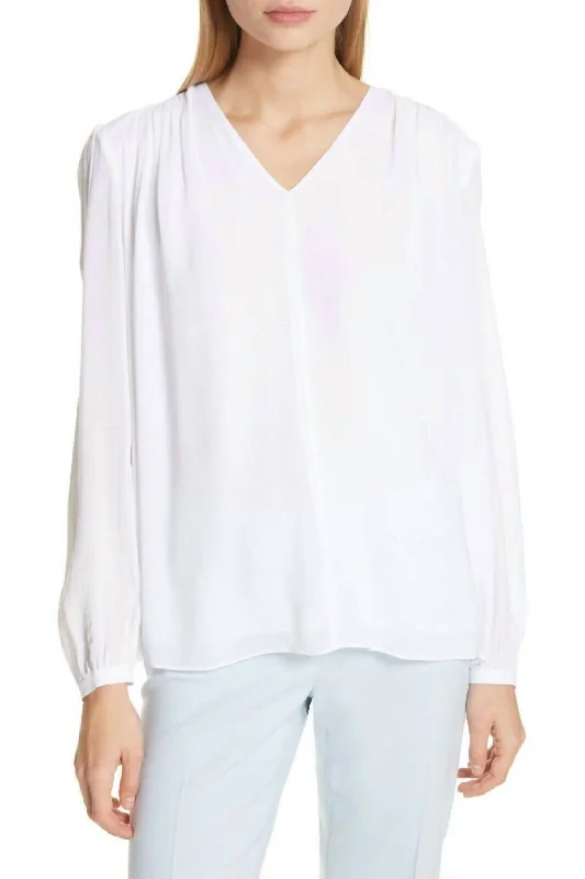 V-Neck Shirred Long Sleeves Blouse In White