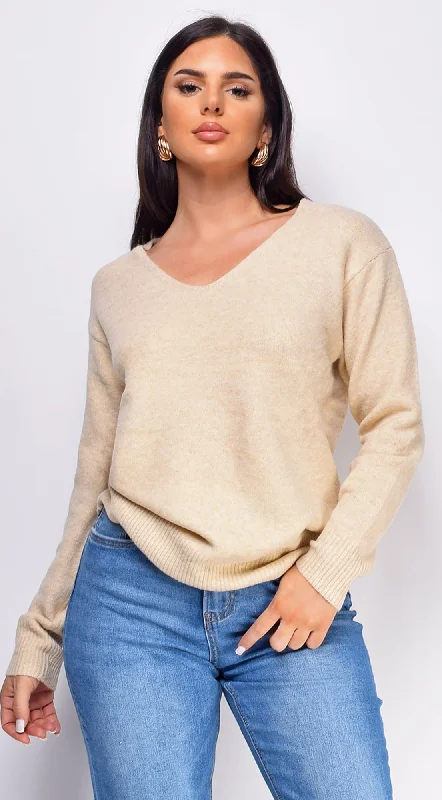 Yara Beige V Neck Sweater Top